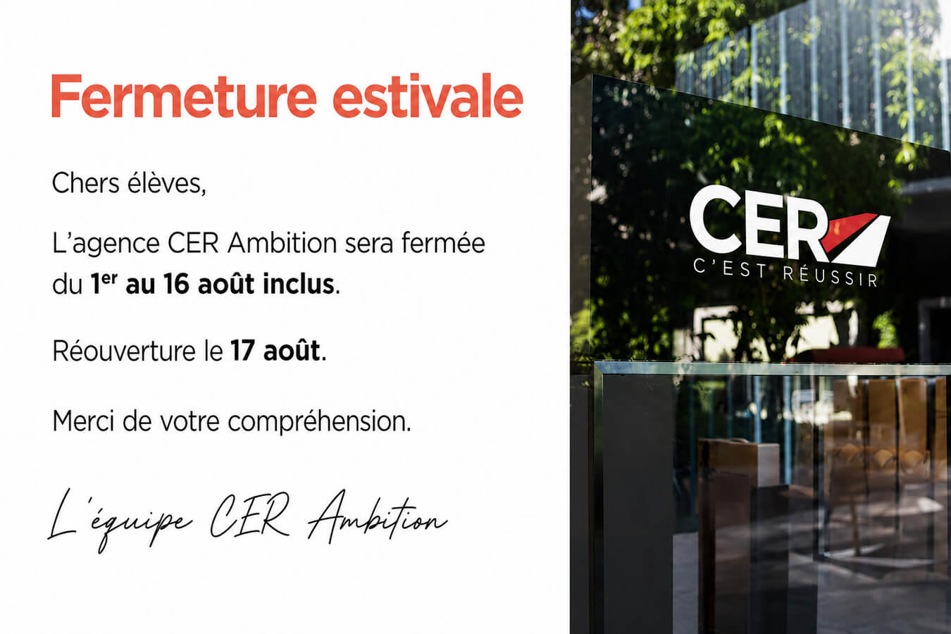 Fermeture estivale CER Ambition